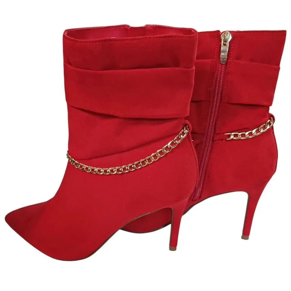 NWOT Marc Fisher 8.5 Red Femme Fatale Suede Ankle Booties Gold Chain Stiletto